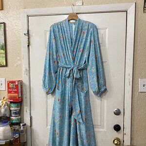 Natalie Martin Sz M Silk Wrap Maxi Dress Long Sleeve Pockets Turquoise Floral